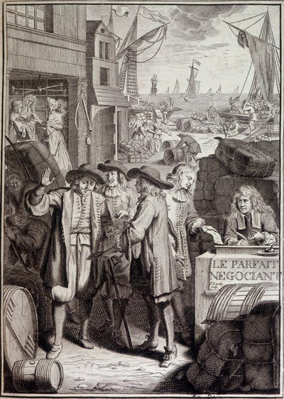 Dokonalé vyjednávání (závěr pochodu na přístav v 18. století) - frontispis díla Jacquese Savaryho od French School