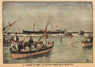 Pouť mužů ve Svaté zemi v Jaffě (Izrael). Rytina v "Le pelerin" 8/09/1901. Sbírka Selva. od French School