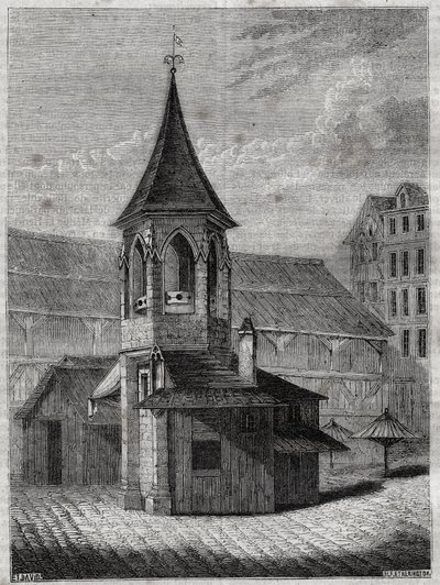 Pranýř v halách v 18. století, postavený na starém hřbitově Nevinných - rytina v „Fyzické, občanské a morální historii Paříže: od nejstarších historických dob po současnost“ od Jacquese Antoina Dulaure od French School