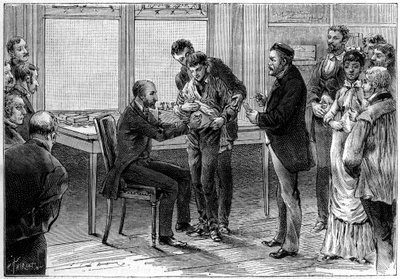 Operace vakcíny proti vzteklině, v laboratoři Louis Pasteur (1822-1895), kresba C. Gilbert d