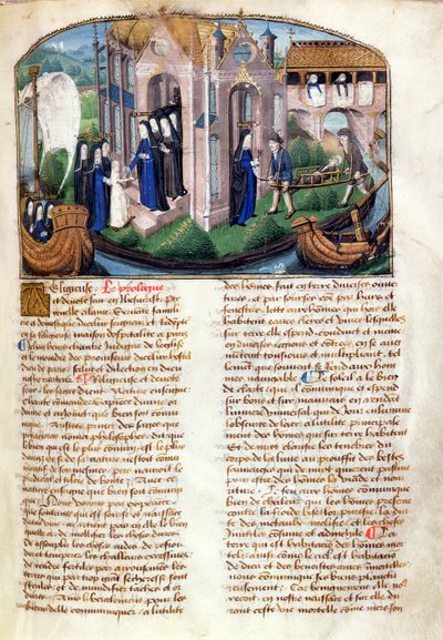 Přijetí novice a přivítání pacienta, z knihy Le Livre de Vie Active de lHotel Dieu de Paris od Jeana Henryho, asi 1482 (viz také 236790) od French School