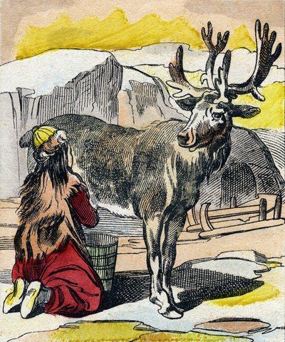 Dojení sobů. Rytina v „Buffon Alphabet des Animaux". 3. série N 1. Imaging of Epinal, Epinal, konec 19. století. 16 stran. Rozměr: 28x21cm od French School