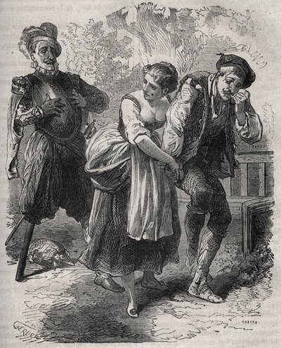 Návrat Martina Guerra (kolem roku 1524 kolem roku 1560): předstoupil před svou ženou Bertrande de Rols a před tou, která si uzurpovala jeho identitu, podvodníkem Arnaudem du Tilh (Thil). Rytina z roku 1871 v „Histoire Des Cocus Celebres““ od Henryho de Koc od French School