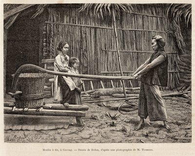 Mlýn rýže, před farmářským domem v Gocongu, rytina podle kresby od Robina ilustrující cestu do Cochinchine, od doktora Morice, v roce 1872, publikovaná v „“Le tour du monde“““ 1875, editoval Edouard Charton, Edice Hachette, Paříž. Selva od French School