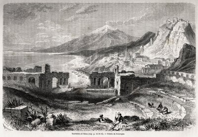 Ruiny starověkého divadla Taormina (Tauromenium), na úpatí hory Taurus, s výhledem na moderní vesnici Giardini a Etnu, kresba Adolphe Rouargue (1810-187?) a Emile Rouargue (asi 1795-1865) pro ilustraci Felixe Bourquelotova hodina od French School