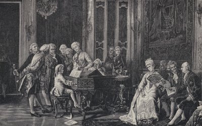 Sedmiletý Wolfgang Amadeus Mozart hrající před králem Jiřím III. v Londýně, 1764 od French School