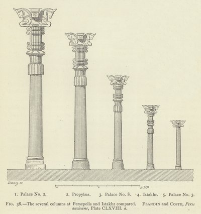 Několik sloupců v Persepolis a Istakhr se porovnávalo od French School