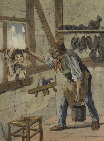 Švec vyznačil hodiny na postavě malého Jeannota (barevná litografie) od French School