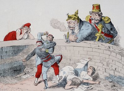 Situace - Gauillaume: Musíme pomáhat šíleným lidem, Badingue (Napoleon III): Nechte je udělat můj bratr, bude čas zasáhnout, až se (Pařížané) pohltí. Karikatura o Komuně. od French School
