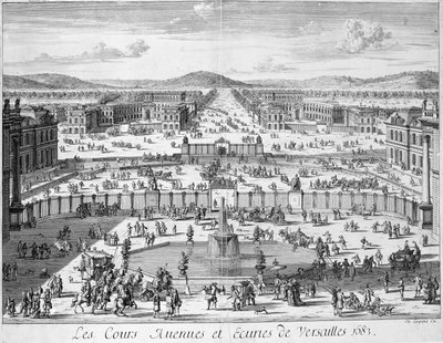 Stáje a brány Versailles při pohledu z paláce, 1683 od French School