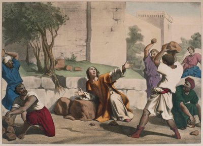 Kamenování sv. Štěpána, ilustrace z katechismu LHistoire Sainte, vydal Charles Delagrave, Paříž, konec 19. stol. od French School