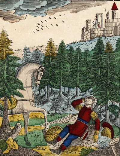 Příběh čtyř synů Aymon; Bayard, který zaslechl hluk vojáků, které měl Ripas s sebou, aby Richarda oběsil, probudí Regnaulta úderem na jeho štít, obraz páteře z 19. století. od French School