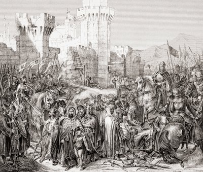 Vzdání se Akkonu Filipu II. Francouzskému, zvanému Philip Augustus, během třetí křížové výpravy, z L