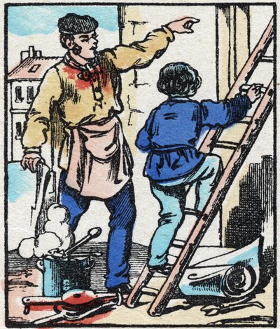 brnění. Rytina „“ La chanson des metier““. Epinal imaging, konec 19. století. Soukromá sbírka od French School