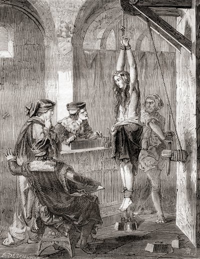 Mučení ženy obviněné z čarodějnictví ve středověku, z Les Merveilles de la Science, publikované kolem roku 1870 (litho) od French School