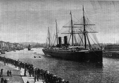 Transatlantická loď „“ La Gascogne““ v přístavu Le Havre v roce 1887. Rytina v proslulém časopise „“ La jeunesse““ od French School