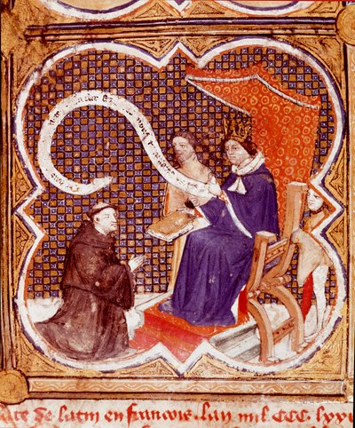 Překladatel nabízí svou knihu králi Karlu V. (1338-1380) Miniatura převzatá z „Le livre des proprietes des Chooses“ (De proprietatibus rerum) od Angličana Barthelemyho v překladu Johna Corbichona. 15. století. Remeš, Městská knihovna od French School