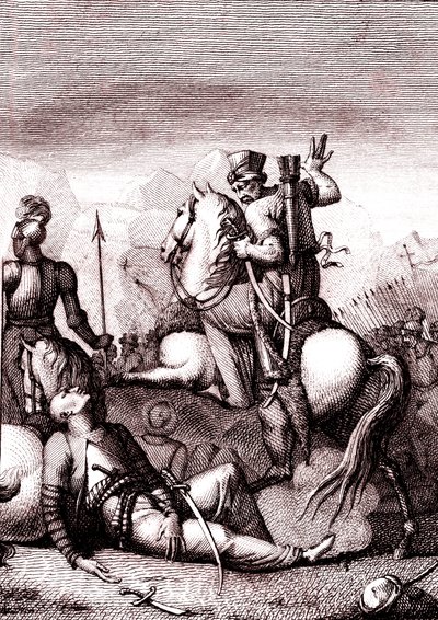 Turecký sultán Soliman v "Jeruzalémě osvobozen" Torquato Tasso od French School