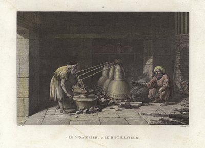Výrobník octa pečující o své destilační přístroje (barevné rytí) od French School