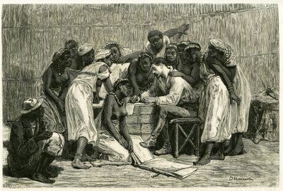 Návštěva královen, šestnácti manželek krále Sepopa, v lóži Dr. Holuba. Rytina D.Maillarda pro ilustraci příběhu „Au pays des Marutses“ v letech 1875-1879 od Dr. Emile Holuba (1847-1902). Publikováno v Tour du monde, 2. semestr 1883, redakčně upraveno od French School