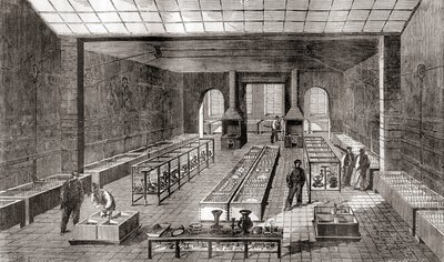 Dílna obsahující chemické lázně v galvanovně Charlese Christofle v Paříži, Francie v roce 1867, z Les Merveilles de la Science, publikovaná kolem roku 1870 (rytina) od French School