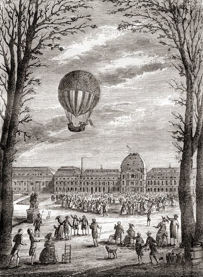 První let vodíkového balonu s posádkou nad Marsovými poli v Paříži (Francie) 1. prosince 1783, pilot Nicolas-Louis Robert a profesor Jacques Charles, z knihy Les Merveilles de la Science, vydané kolem roku 1870 (rytina). od French School