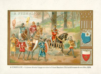 Mladý Alexios IV Angelos přivádí Baldwina IX, hraběte z Flander, aby osvobodil svého bratra, čtvrtou křížovou výpravu od French School
