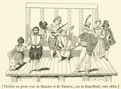 Divadlo pod širým nebem Mondor a Tabarin, na Pont-Neuf, kolem 1630 (rytina) od French School