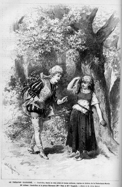Divadelní ztvárnění: Popelka a okouzlující princ v podání Mme Theo a Melle Vanghel pro hru “” Cendrillon”” od Clairville (Louis Francois Nicolaie od French School