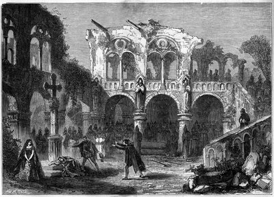 Divadelní ztvárnění: „Pohřeb cti“ (VII. dějství, poslední scéna) od Augusta Vacquerieho (1819-1895). Paříž, divadlo de la Porte Saint Martin od French School