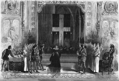 Divadelní ztvárnění: scéna rakví v „Lucrece Borgia“ od Victora Huga (1802-1885). Paříž, divadlo de la Porte Saint Martin od French School