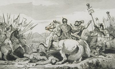 Theodorik je zabit v bitvě proti Attilovi, poblíž Chalons, z „Histoire de France“ od Colarta, vydaného kolem roku 1840 od French School