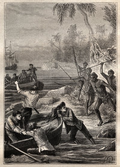 Ty byly poskytnuty tak blízko...: Plavba kapitána Jamese Cooka (1728-1779) na Nový Zéland v roce 1769 - přírodovědci Nového Zélandu zaútočili na Cookovu posádku při jejich přiblížení k pobřeží - ilustrace převzata z „The Great Mariners of the 18th century  od French School