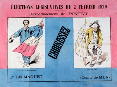 Třetí republika: plakát k parlamentním volbám dne 2. 2. 1879 v obci Pontivy (Morbihan). Paříž. Muzeum plakátu a reklamy od French School