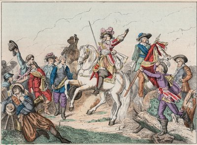 Třicetiletá válka (1618-1648): Princ Ludvík II z Bourbon Conde (Bourbon-Conde), známý jako Grand Conde (1621-1686), vévoda z Enghien, pozdravil mrtvolu hraběte z Fontaine v bitvě u Rocroi (Rocroy) proti Španělům, 19. května od French School