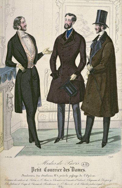 Tři elegantní mladí muži, 1841 (barevná rytina) od French School