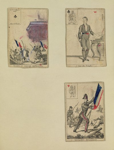 Tři hrací karty připomínající hrdiny července 1830, 1831 od French School