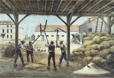 Mlácení obilí, ilustrace ze školní učebnice Enseignement par les yeux, 2. polovina 19. stol. od French School