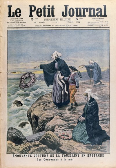 Házení věnců do moře na svátek Všech svatých v Bretani, ilustrace na obálce z Le Petit Journal, 5. listopadu 1911 od French School