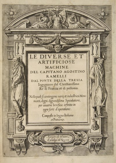 Titulní strana, od Le Diverse Et Artificiose Machine Del Capitano Agostino Ramelli, hospoda. 1588 (rytina) od French School