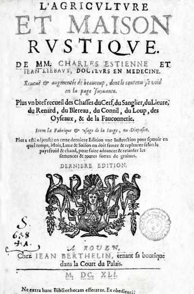 Titulní strana LAgriculture et Maison Rustique, Charles Estienne, vydání vydané 1641 (knihtisk a rytina) od French School