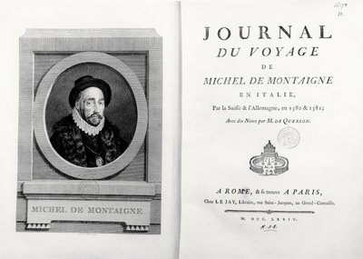 Titulní list a frontispice s portrétem autora od A. de Saint Aubin, z „Journal de Voyage en Italie 1580 et 1581 de Michel de Montaigne“ od French School