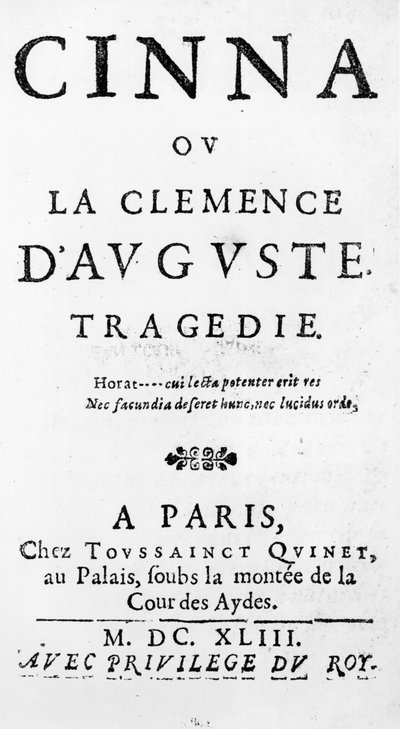 Titulní strana Cinna ou la Clemence dAuguste od Pierra Corneille (1606-84) vydaná v roce 1643 od French School