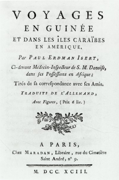 Titulní stránka pro Cesty v Guineji a na Karibských ostrovech v Americe od Paula Erdmana Iserta, vydáno 1743 od French School