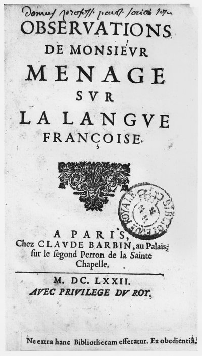 Titulní strana Observations sur la langue francaise od Gillese Menage (1613-92) vydání z roku 1672, v Claude Barbin, v Palais, na druhých schodech Sainte Chapelle, Paříž (tisk) od French School