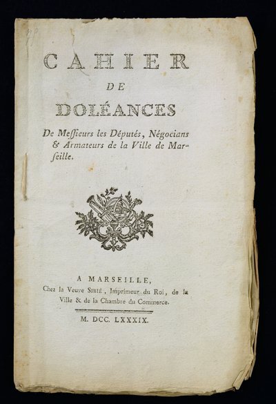 Titulní strana Knihy stížností zástupců, obchodníků a rejdařů z Marseille, 1789 od French School