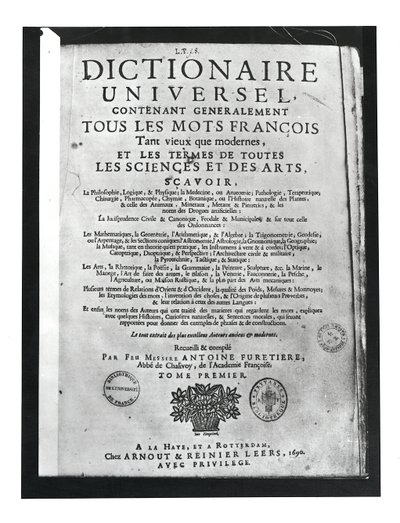 Titulní strana Dictionnaire Universel od Antoine Furetiere (1619-88) 1690 (tisk) od French School
