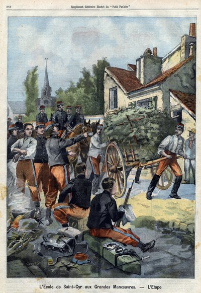 Aby si udělali představu o životě vojáka v poli, jsou studenti školy Saint Cyr vysláni na manévr, aby provedli vlastní zásobovací práce. Rytina v „Le Petit Parisien“ dne 01.09.1901 (rytina) od French School
