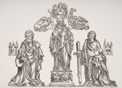 Výzdoba hrobky zobrazující Nicholase Flamela (asi 1330-asi 1418) a jeho manželku Pernelle po výzdobě na hřbitově neviňátek v Paříži z Le Moyen Age et La Renaissance od Paula Lacroixe (1806-84 od French School