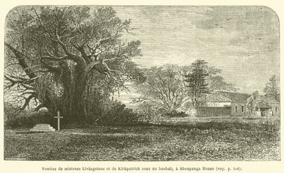 Hroby paní Livingstoneové a Kirkpatricka pod baobabem v domě Shoupanga (rytina) od French School